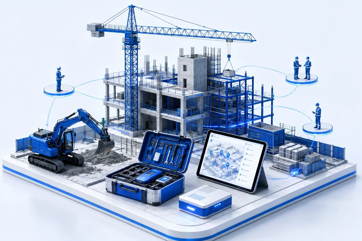 Edilizia e cantieri: Attrezzature in movimento, responsabilità chiare tra deposito e cantiere. Beni, contesto e attività sono collegati nella stessa scena.