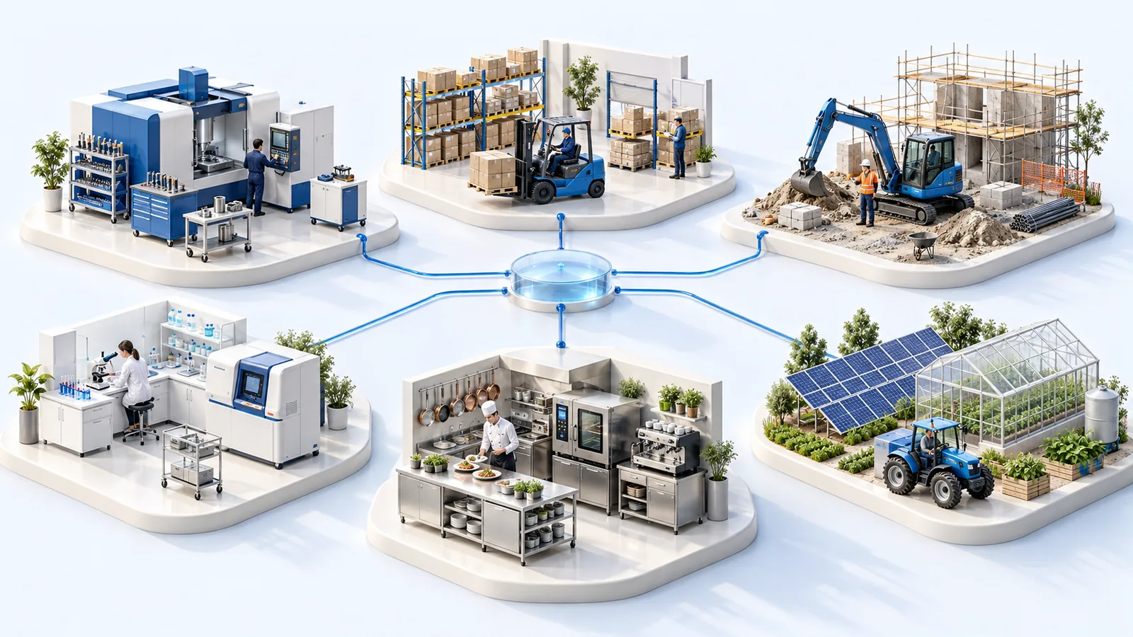 Sei ambienti connessi: industria, magazzino, cantiere, laboratorio, cucina professionale e azienda agricola con impianto solare.